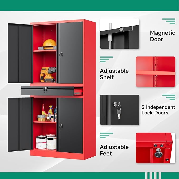 Metal Garage Storage Cabinet with Drawer,4 Door Tool Cabinet with Adjustable Shelves for Garage Home Office Utility Room (Red)