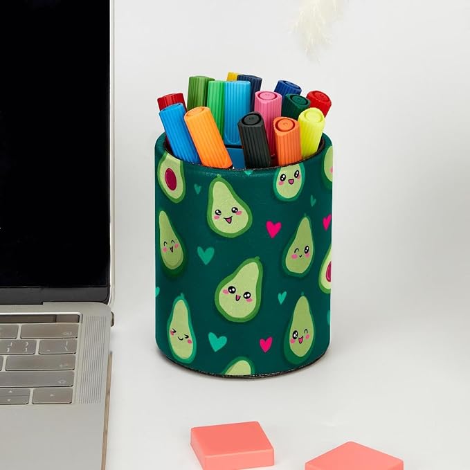 Faux Leather Pen Holder for Desk, Pencil Organizer Cute Fruits Pen Cup Desk Decor Makeup Brush Holder Storage for Office Home