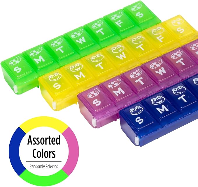 EZY DOSE Kids Weekly (7-Day) Pill Case, Medicine Planner, Vitamin Organizer Box, Large Locking Compartments to Secure Prescription Medication and Prevent Accidental Spilling, Color May Vary, BPA Free | Vitamin & Supplement Medicine Box for Kids, Conven...
