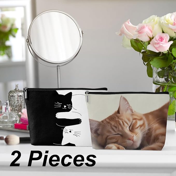 2 Pcs Cute Cat Makeup Bag, Cat Themed Cosmetic Bags Travel Organizer Bag | Sister Birthday Christmas Gift Makeup Pouch for Women Mom Friend, Cat Lover Gifts for Women