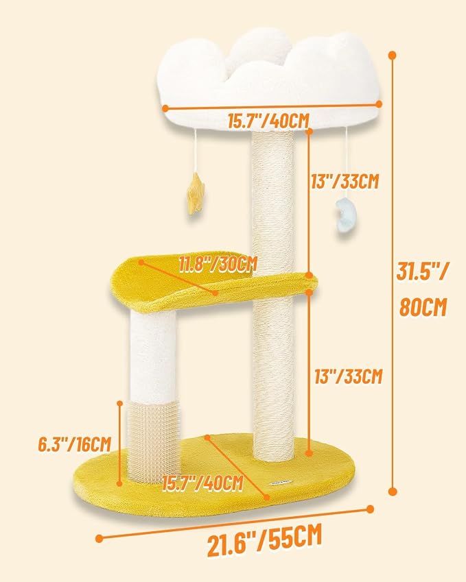 Cloud Cat Tree, 31.5in Multi-Level Indoor Cat Tower with Scratching Posts, Viewing Perch, Removable & Washable Cushions, Cat Activity Tree with Dangling Toy | Removable & Washable Cat Bed, Cat Activity Tree, Cute Dangling Toys, Easy To Clean, Stable St...