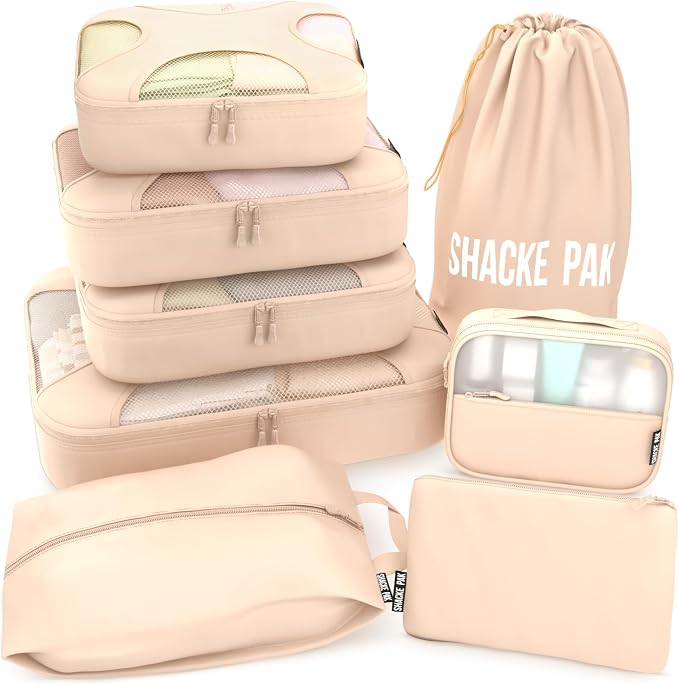 Shacke 8 Set Packing Cubes for Travel, Shoe & Toiletry Bags (Cream) | Complete Suitcase Organizer Bags Set: 4 Luggage Packing Cubes + Laundry, Shoe, Toiletry & Accessories Bags for Any Trip