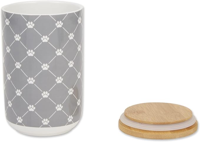Bone Dry Trellis Paw Print Pet Treat Canister with Bamboo Lid Dog & Cat Treat Jar for Countertop Storage, Keep Training Bones & Biscuits Handy, 4x6.5 inches, Gray