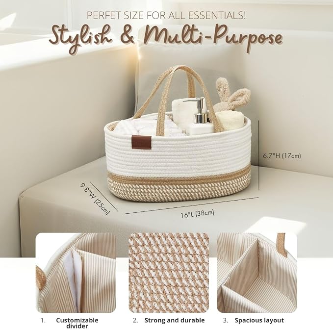 DECOMOMO Diaper Caddy, Empty Woven Basket for Gifts, Large Gift Set | Baby Baskets for Baby Shower Newborn, Caddy Organizer (Spiral Biege & White)