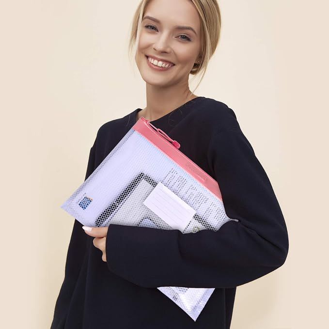 Wisdompro Zipper Pouch, 4 Pack Waterproof Mesh File Bag, Document Organizer | 13.3x9.8", Letter Size Mesh Bag with Outer Label Pocket, Durable, Perfect for Office, School & Home, Blue/Purple/Yellow/Pink
