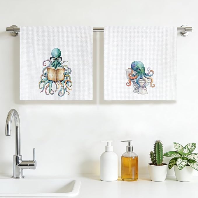 2PCS Vintage Octopus Bathroom Towels 24x14 Inch, Octopus on The Toilet Reusable Durable Microfiber Dish Cloth Hand Towel, Waffle Weave Tea Towels for Bathroom Home Decor, Ocean Gifts for Women Friend