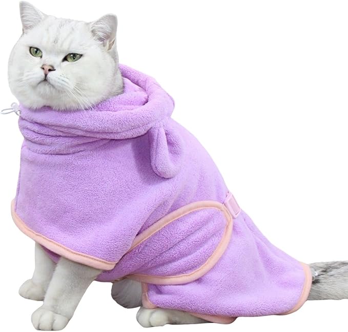 Dog Bathrobe Towel, Cat Bathrobe Microfiber Fast Drying Absorbent Hooded Bath Towel for Puppy Small Medium Large Dog Cat(Purple,XS)