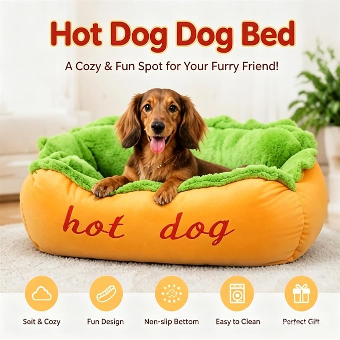 Hot Dog Dog Bed, Hot Dog Bun Dog Bed, Hotdog Dogbed for Dachshund, Funny Petbed House, Novelty Hotdog Sleepbed Small Puppy Large Dog Soft Kennel Sleepingbed Pet Accessories (M)