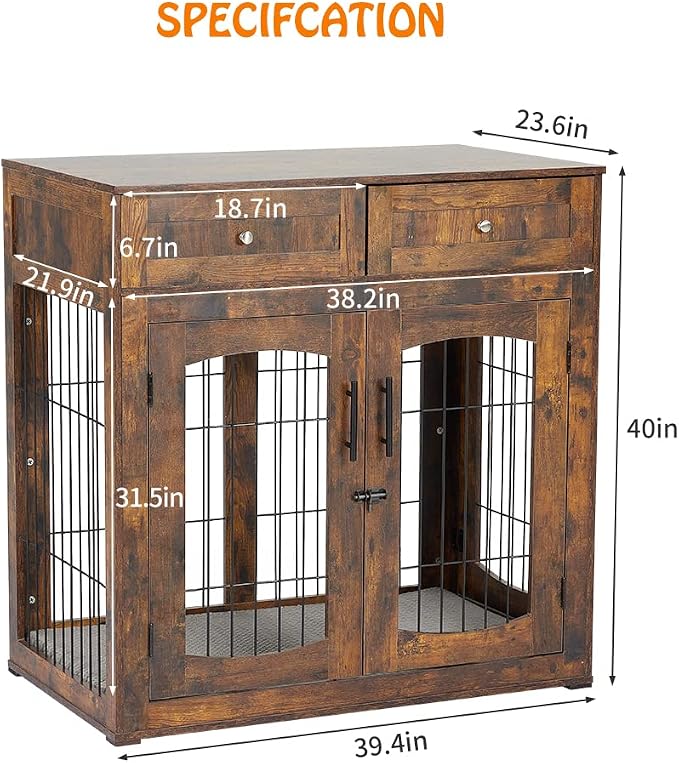 Dog Crate Furniture with Drawers, Wooden Dog Kennel Furniture for Large Breed,End Table Wood Dog House for Indoor Use,Dog Crate for Small/Medium/Large Dog