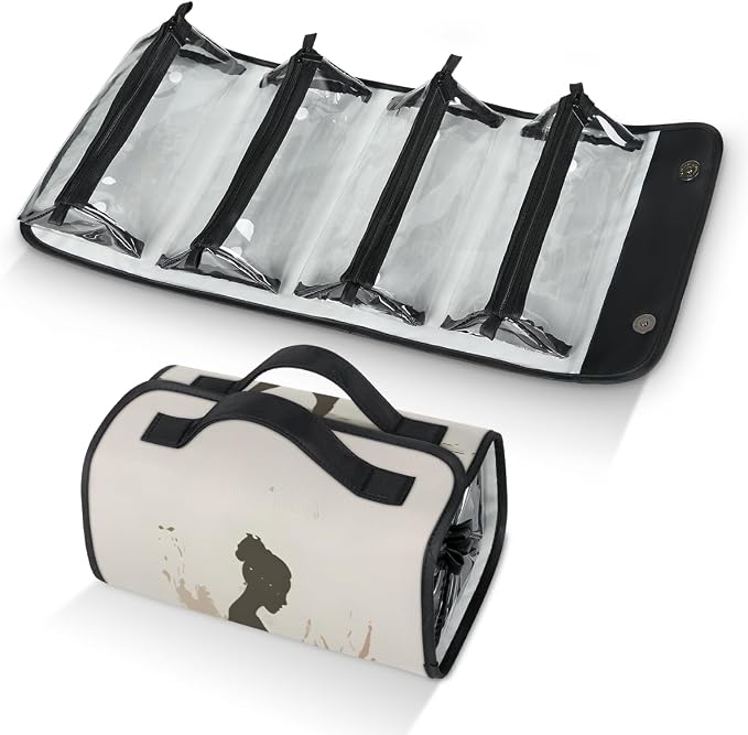 Dance Ballet Makeup Bag for Women Hanging Roll-Up Travel Organizer Toiletry Kit with 4 Removable Compartments, Ballerina