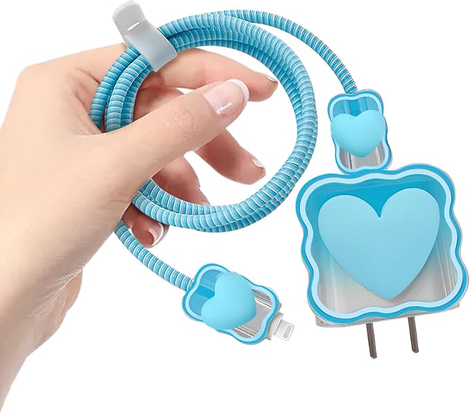 CameCosy Cute Waves DIY Cable Protector for iPhone Charger,Kawaii 3D Love Heart Design,Data Cable USB Charger Data Line Phone Wire Saver Protector for iPhone 11 12 13 14 Pro Max XS XR X 7 8 Plus-Blue