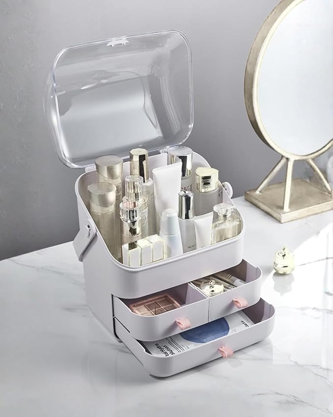 LINFIDITE Cosmetic Storage Box with Lid Makeup Organizer Box with Dust Free Cover Portable Handle,Large Makeup Display Case with Drawers Fully Open Lid,Great for Dresser Bathroom Countertop