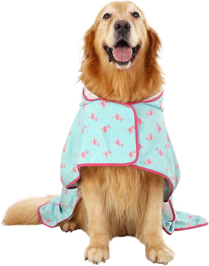 HDE Dog Bathrobe Super Absorbent Quick Drying Puppy Towel Wrap Coat Adjustable After Bath Robes with Hood for Dog Sizes S-XXL Flamingos XL