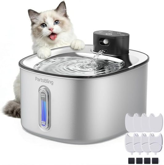 PartsBling Wireless Cat Water Fountain Stainless Steel, 4.2L/142fl oz Ultra Quiet Pet Water Dispenser Bowl for Cats & Dogs, Cordless Dog Water Fountain with 5000 mAh Battery Operated with 4 Filters