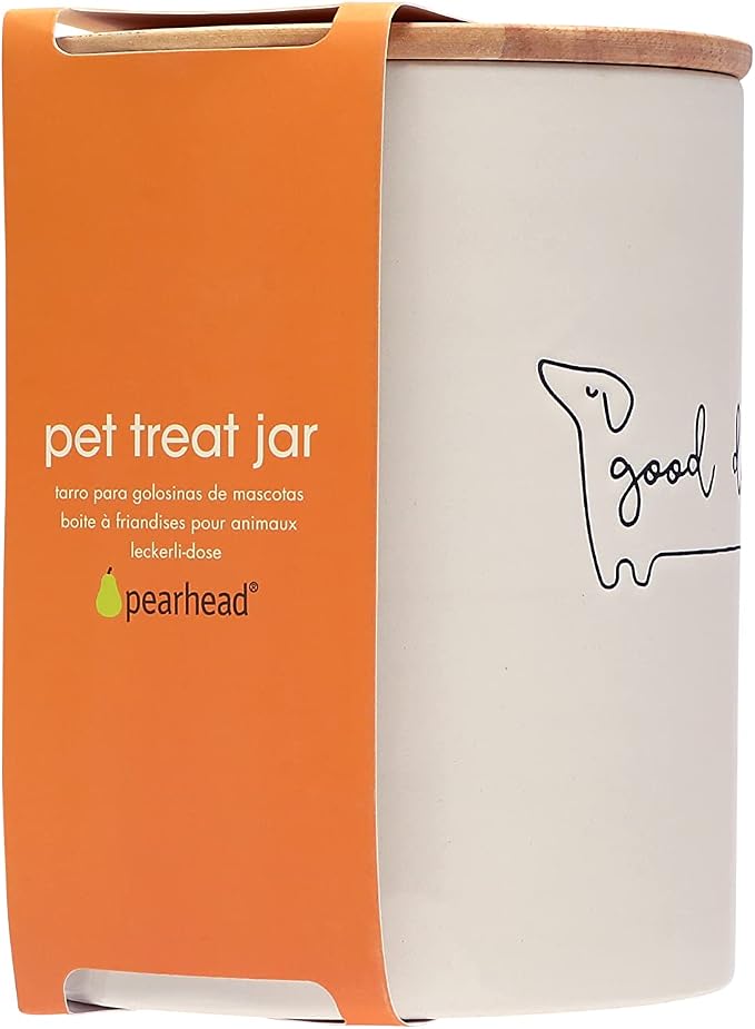 Pearhead Good Dog Ceramic Treat Jar with Airtight Wooden Lid | 4 Cup / 32 oz, Cute Pet Treat Canister Keeps Dog Snacks Fresh – Durable, Easy-to-Clean Design, Kitchen Counter Décor