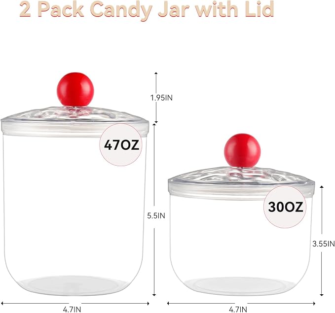 2 Pack Candy Jars with Lids - 47 & 30 OZ Clear Plastic Cookie Storage Containers Airtight Apothecary Canisters for Kitchen Home Decorative Pantry Office Party Organize Sugar Tea Coffee Snacks