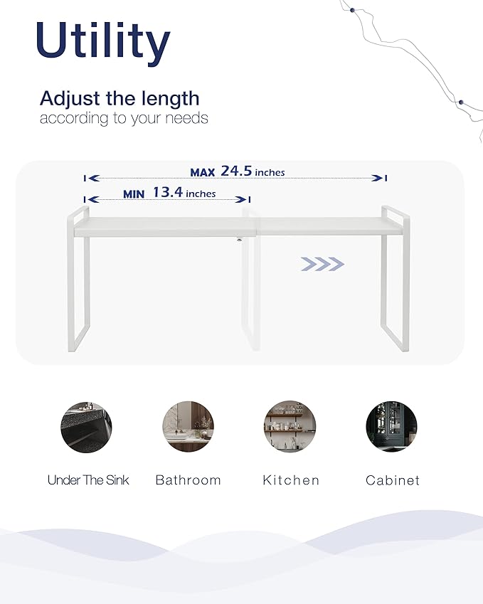 Nxconsu Expandable Shelf for Cabinets, Cabinet Shelf Riser, 10.3" White | Heavy-Duty Organizer Metal Dish Riser for Cabinets Holds 50LBS and Expands 13.4 to 24.5 in for Kitchen Pantry Plate Mug Spice