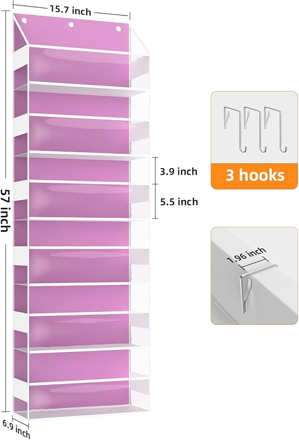 Over the Door Organizes- 6 Tier Stuffed Animal Storage, Bathroom Organizers and Storage, Swing-proof Hanging Organizer for Toys/Nursery Newborn Baby Essential Stuff (Clear-pink)