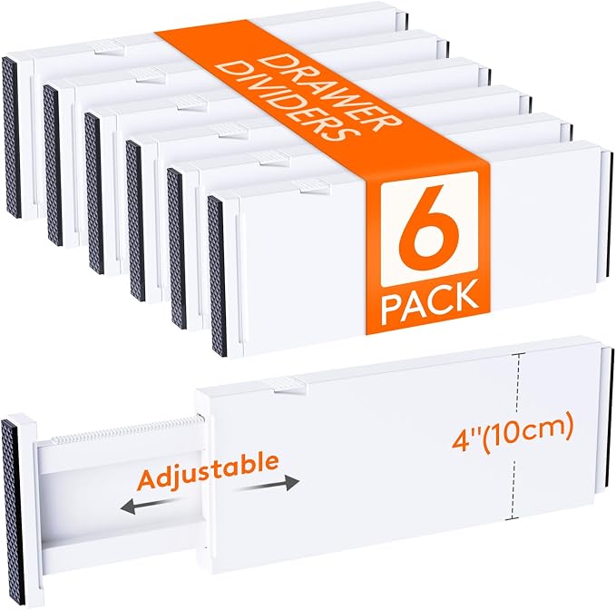 Lifewit 6 Pack Drawer Dividers for Clothes, 10.9-16" Adjustable Drawer Organizers, 4" High Plastic Expandable Drawer Separators in Bedroom/Office/Bathroom/Kitchen Storage, White | 6 Pack 11"-17" Expandable White Plastic Drawer Separator for Dresser, Ki...