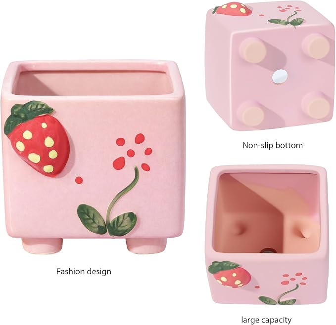 Ceramic Strawberry Shaped Pen Pencil Holder for Desk Decoration Accessories Strawberry Decor Makeup Brush Pen Cups Succulent Plant Pot Office School Ideal Gifts for Women, Mom or Birthdays (red)