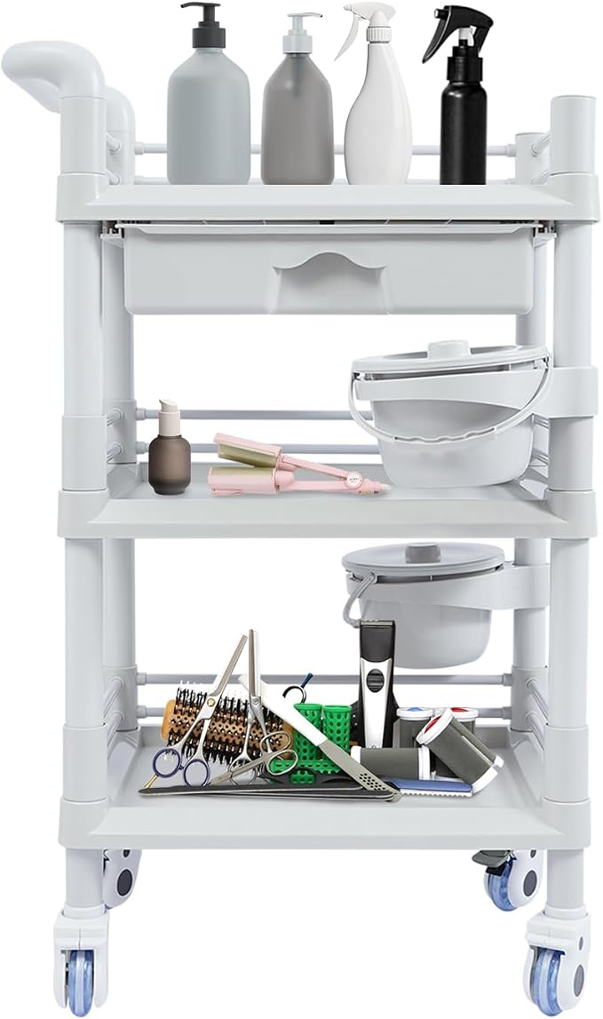 Mobile Salon Storage Cart with Wheel and Drawer, Portable 3-Tier Professional Trolleys, 176 Lbs Load Utility Tool, for Barber Stores, Spas, Homes, Beauty Store, Pet Shops (Grey)