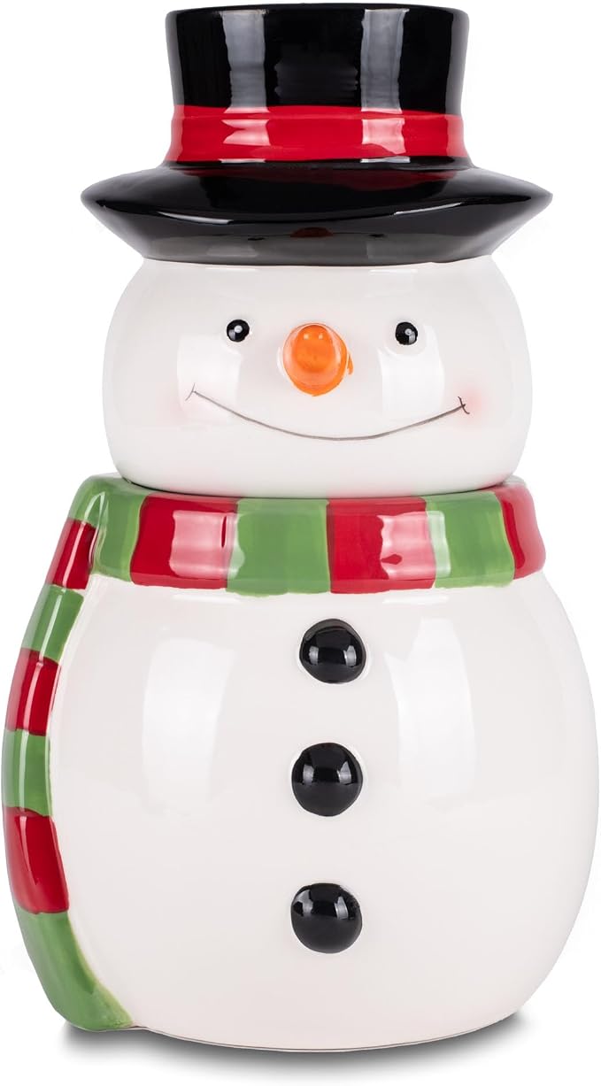 Dolomite Ceramic 11 x 6.5 Christmas Cookie & Candy Jar with Airtight Lid: Perfect for Kitchen Canisters, Pet Treat Containers & Decorative Holiday Storage, Snowman Striped Scarf & Top Hat
