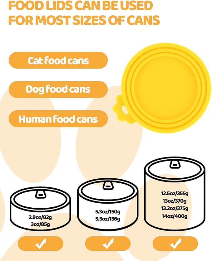 5 PCS Cat Food Can Covers Lids Set, Silicone Pet Food Can Lids with Multi-Function Cat Food Spoon and Opener, Cat Bar Squeezer, Stainless Steel Wet Food Spoon for Cats and Dogs(Yellow)