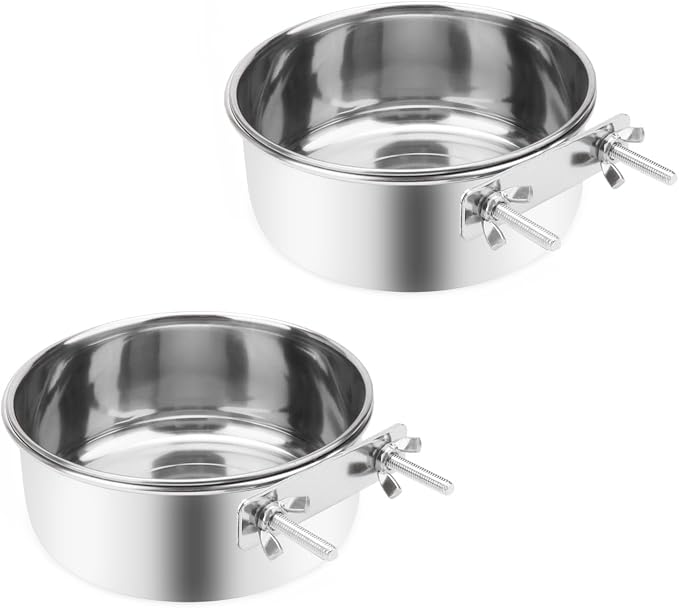 Wontee Pet Food Water Bowl Stainless Steel Feeding Cups Feeder, 2 Pcs, L | Rust-proof, securely mounted to prevent tipping, removable for easy refilling and cleaning, for dogs/cats/birds/rabbits
