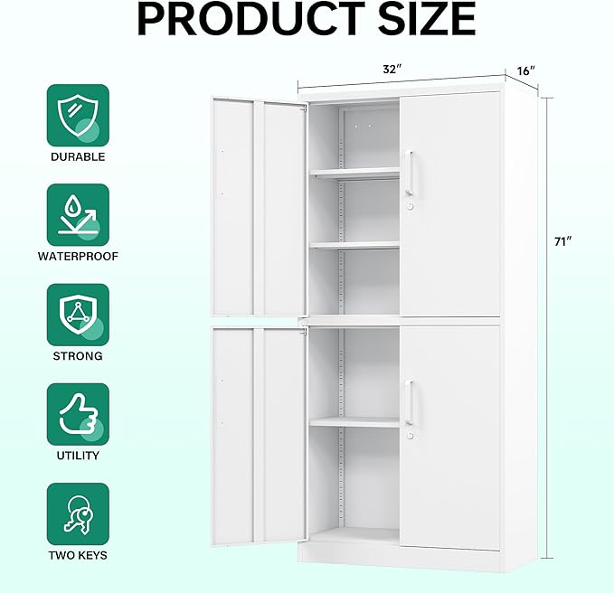 Metal Storage Cabinet with Lock Door, Adjustable Shelf Steel Cabinets for Office, Home,Pantry,Kitchen,Garage Utility Cabinet (4 Door-White)