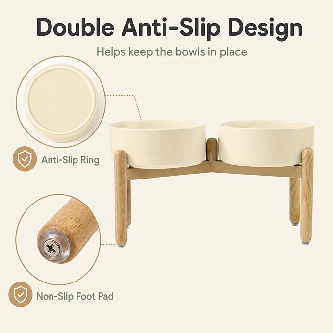 Havniva Ceramic Dog Bowls Elevated, Raised Dog Food Bowl for Large Dogs | 8.3” Elevated Dog Bowls, Non-Slip Wood Stand, Dog Food and Water Bowl Set, Dog Feeding Dish, Large Capacity Pet Water Bowl