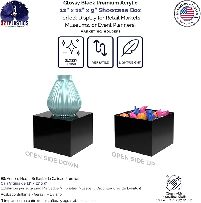Marketing Holders 6 Pack Acrylic Display Riser Box Versatile 5 Sided Pedestal Merchandise Storage Bin No Lid 12" x 12" x 9" Retail Product Riser One Open Side