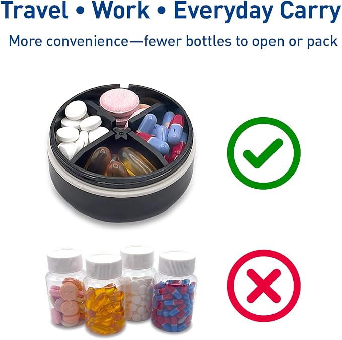 Ezy Dose Mini Vitamin Organizer, Multi Compartments, Black & Cream, Small | Portable and Compact Design, Easy Access Sliding Pill Dispenser, Supplement Organizer with Anti-Mix Design, Travel Friendly