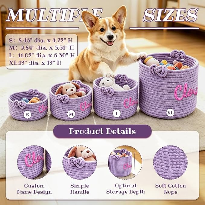LAPE Personalized Dog Cat Toy Basket, Custom Pet Storage Bin with Name | Handwoven Cotton Rope Pet Basket, Dog Cat Toy Organizer, Treats Blankets Supplies, Gift for Pet Lovers