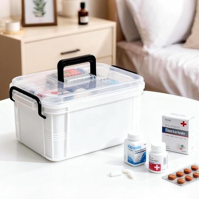 HEY FOLY 15qt White Medicine Organizer Storage Box with Tray, Plastic First Aid Box Empty, Thickened Medicine Container Chest, Multipurpose Medical Case with Labels, Medicine Caddy with Lids Handles