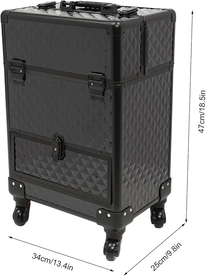 Rolling Makeup Case, Storage Sliding Drawer 4 Tray Makeup Travel Case Professional Cosmetic Trolley Large Storage with 3 Keys Salon Barber Case Traveling Cart Trunk for Hairstylists Nail Tech (Black)