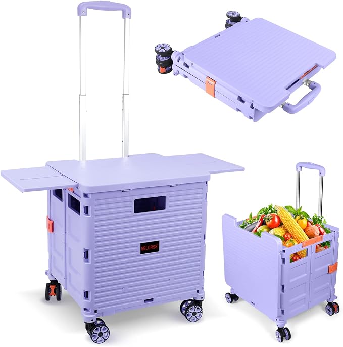 Foldable Utility Cart Collapsible Portable Crate Rolling Carts with Wheels Tote Basket with Magnetic Lid Telescopic Cover Wear-Resistant 360°Rotate Wheel Noiseless for Shopping Storage Office Use