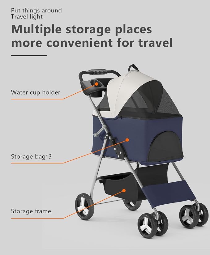 OS MOTOR 4-Wheel Pet Stroller for Small Medium Pets, Navy Blue | Foldable Detachable Carrier, Rear Wheel Breaks, Storage Basket, Visible Mesh Weather Cover, Portable, Dog, Cat, Puppy, Kitty