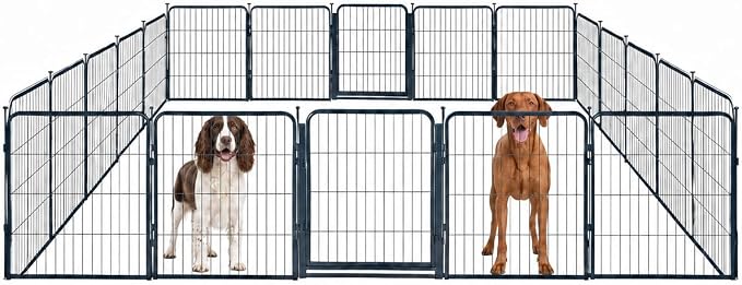Outdoor Dog Playpen - 32 inch, 20 Panels for Small and Medium Size Dogs - Heavy Duty Metal Pet Fence with Black Anti-Rust Coating - Portable Exercise Play Pen for RV, Camping, and Yard