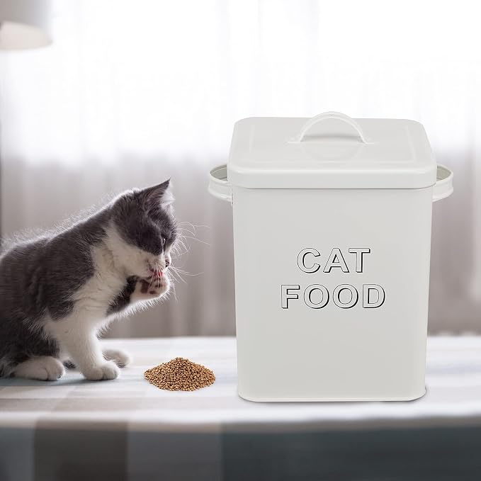Morezi Metal Cat Food Container with Scoop 5-7 lb, Airtight Pet Food Bin | 25 Cups Cat Kibble Canister with Food Scoop, Sturdy Iron Body, Powder Coated, Airtight Bamboo Lid, Two Side Handle-White