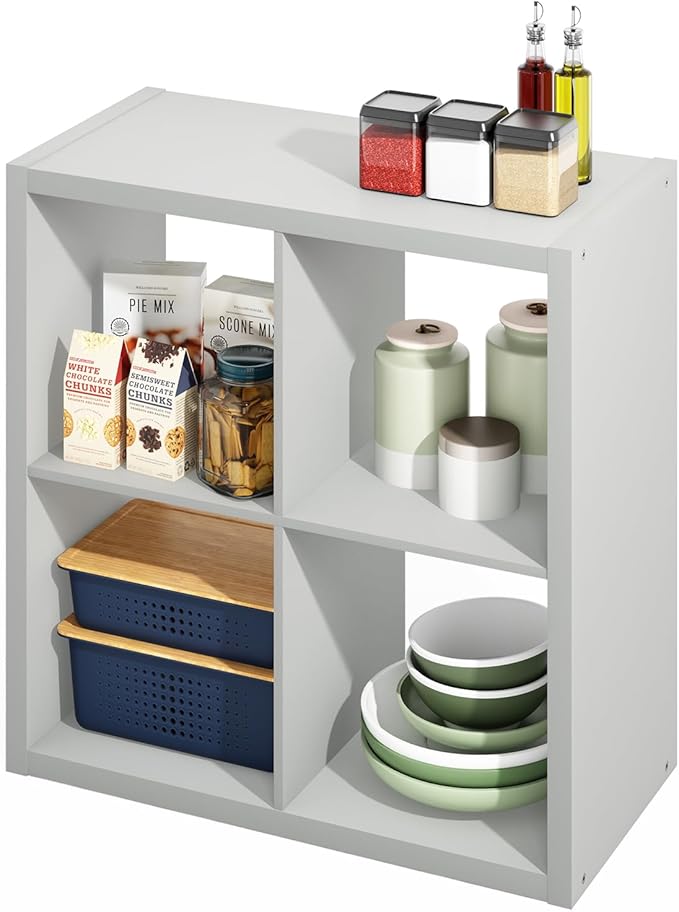 Furinno HERMITE Kitchen Island, 4-Cube Coffee Bar, Extra Thick Kitchen Storage, Bakers Rack, for Pantry Organizers and Storage, Kitchen Organization, Light Grey