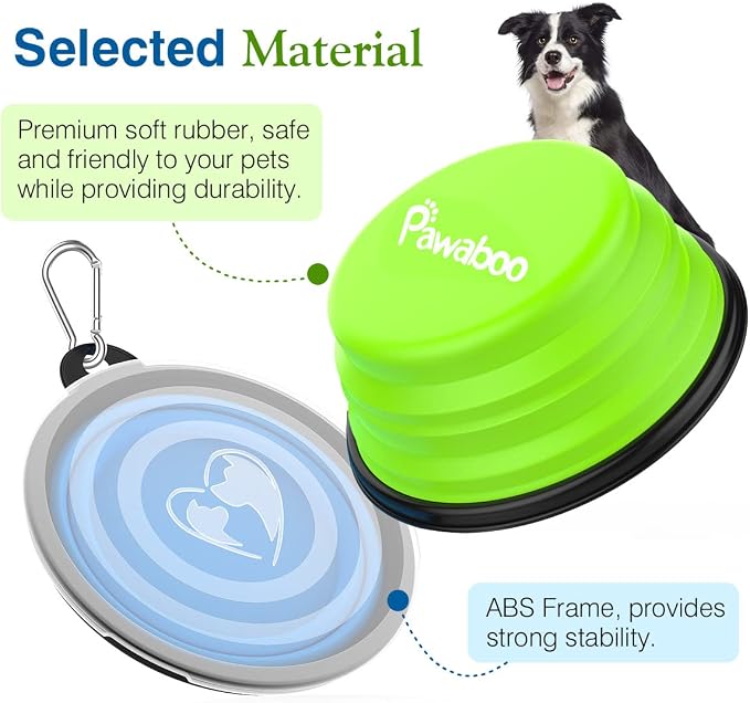 Pawaboo Collapsible Travel Dog Bowls 2 Pack with Lids&Carabiners Silicone | Feeding Watering Bowls for Dogs Cats, Collapsable Water Feeder Food Bowl for Walking Traveling Home Use, Blue + Green