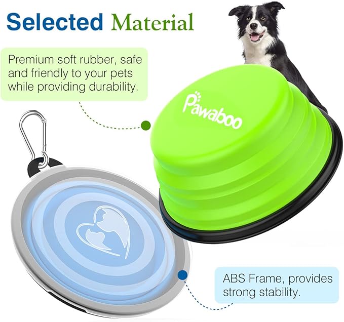 Pawaboo Silicone Collapsible Dog Bowls 2 Pack, Blue + Green, 5.1 x 3.5 x 2.1 in, 13 x 9 x 5.5 cm, Lid Included, Portable, Easy Cleanup, Suitable for Small to Medium Dogs | Feeding Watering Bowls for Dogs Cats, Collapsable Water Feeder Food Bowl for Wal...