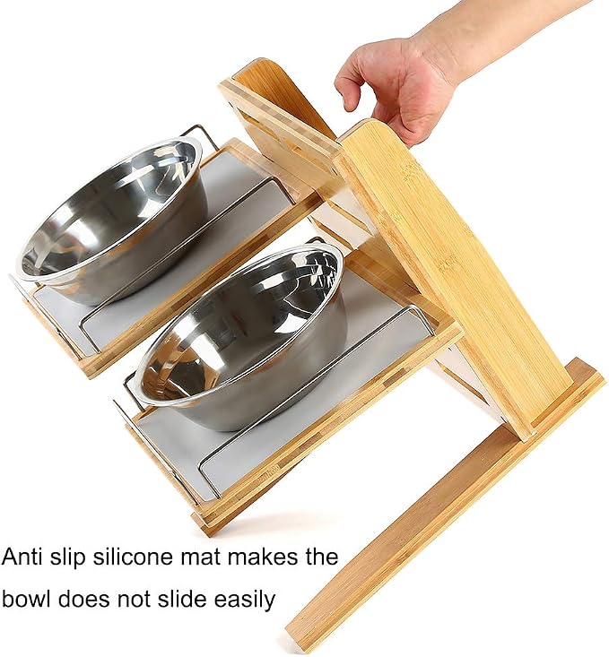 FOREYY Adjustable Raised Dog Bowls,Bamboo Elevated Feeder Stand with Non-Skid Feet for Food and Water,5 Level Wooden Pet Dining Table Comfort Feeding Station for Medium Large Big Dogs