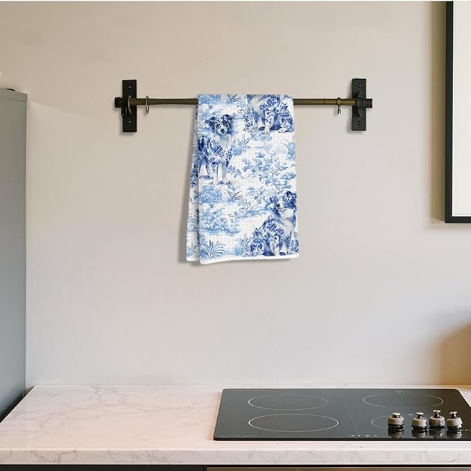 Chinoiserie Australian Shepherd Kitchen Towels 24x14 Inch, Australian Shepherd Gifts Reusable Dish Towels for Kitchen Decor, Blue and White Floral Hand Towel, Botanical Dog Gifts for Women Mom