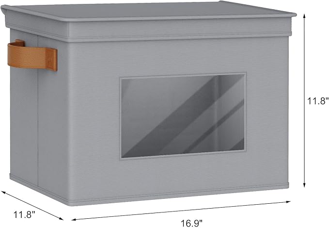 Univivi Fabric Storage Bins with Lids for Clothes 3 Pack, Grey | 17 x 12 x 12 In Foldable Storage Boxes with Handles, Clear Window, Closet Organizers for Home, Bedroom