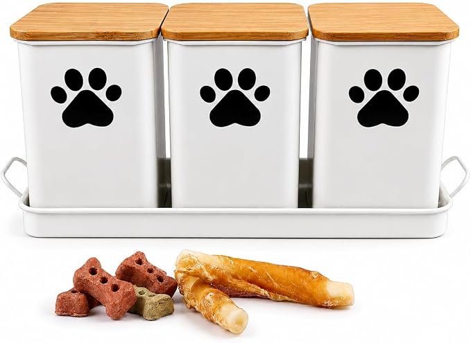 Set of 3 Metal Dog Treat Jars,60oz Airtight Dog Treat Container with Bamboo Lids,Cat Treat Canister,Puppy Cookie Container for Kitchen Counter,Coated Galvanized Steel-White