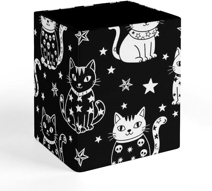 PU Leather Pen Pencil Holder Halloween Gothic Witch Moon Star Cat Skull Black And White Pencil Cup Stationery Container Box Makeup Brush Holder Storage Organizer for Office Supplies