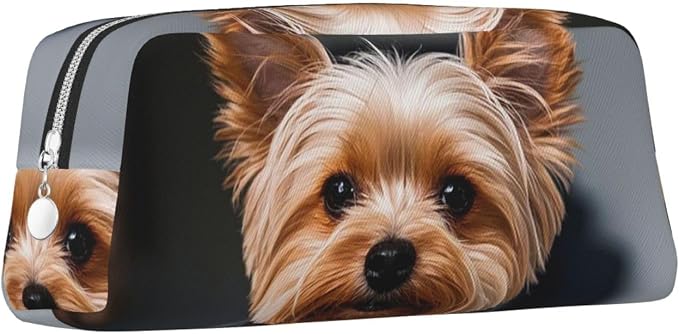 PU Leather Pencil Case Cosmetic Pencil Bags Makeup Pouch with Zipper | Cute Pet Yorkie Pen Pouch Portable Cosmetic Organizer Bag For Office Woman Man