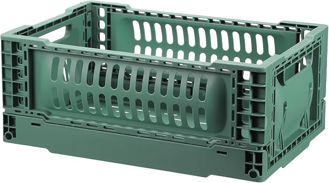 uxcell Collapsible Crates, 11.7x7.8x4.7 Stackable Plastic Storage Baskets with Handle Small Storage Containers for Bedroom Office Classroom Bathroom Desktop Organizer Decor, Dark Green