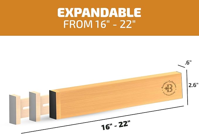 Bambüsi 4-Pack Drawer Divider - 2.6" High, 16" to 22" Adjustable Bamboo Drawer Organizers for Clothes, Expandable Dresser Separators in Bedroom/Bathroom/Kitchen/Office Organization and Storage